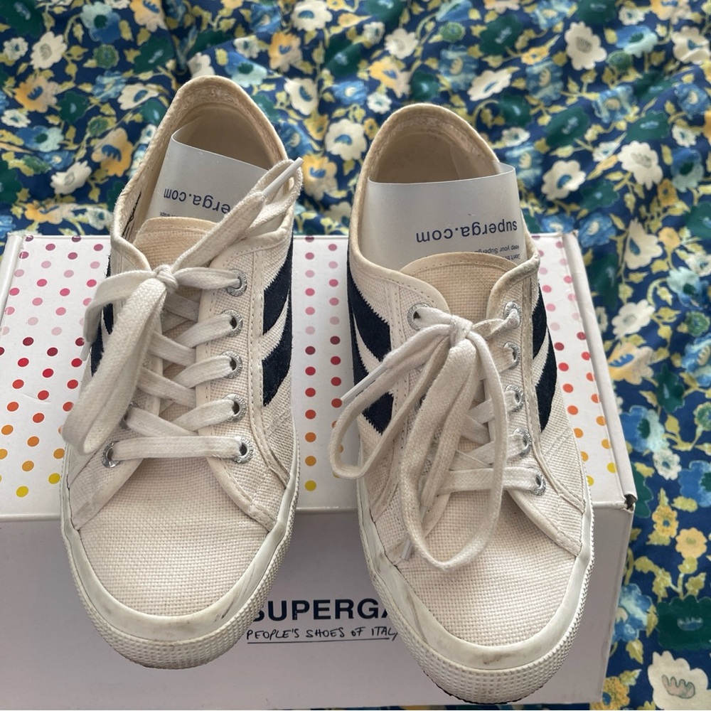 Superga Cream Canvas Sneakers with Blue Stripes 6.5W